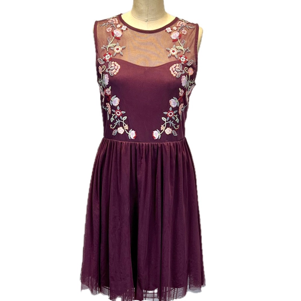 Woodland wildflower embroidered floral midi dress sheer earthy burgundy wine y2k - Picture 3 of 14